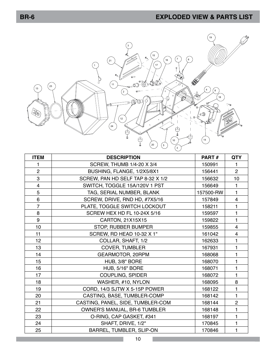 Br-6 exploded view & parts list | Barranca Diamond BR-6 Rotary Rock Tumbler User Manual | Page 10 / 16