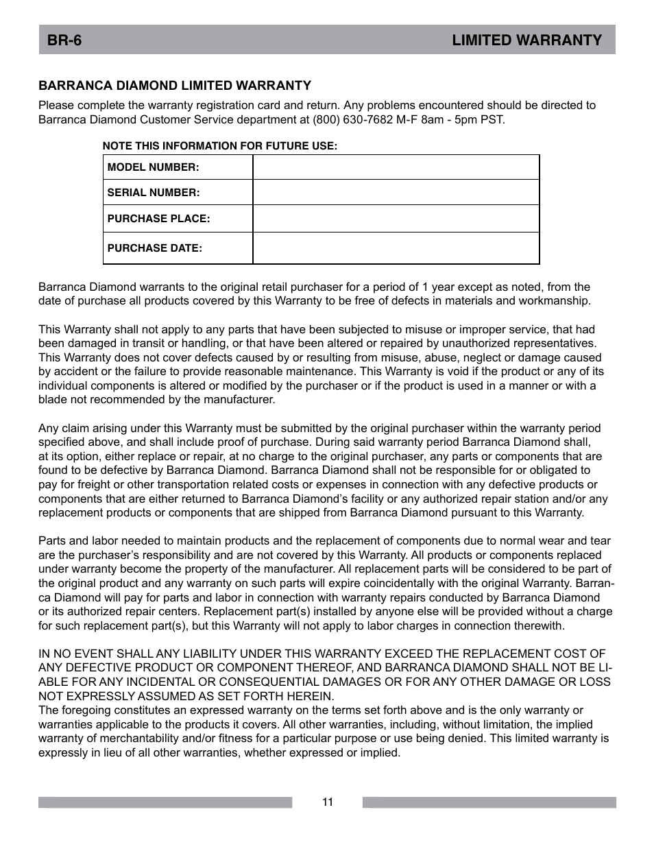 Br-6 limited warranty | Barranca Diamond BR-6 Rotary Rock Tumbler User Manual | Page 11 / 16