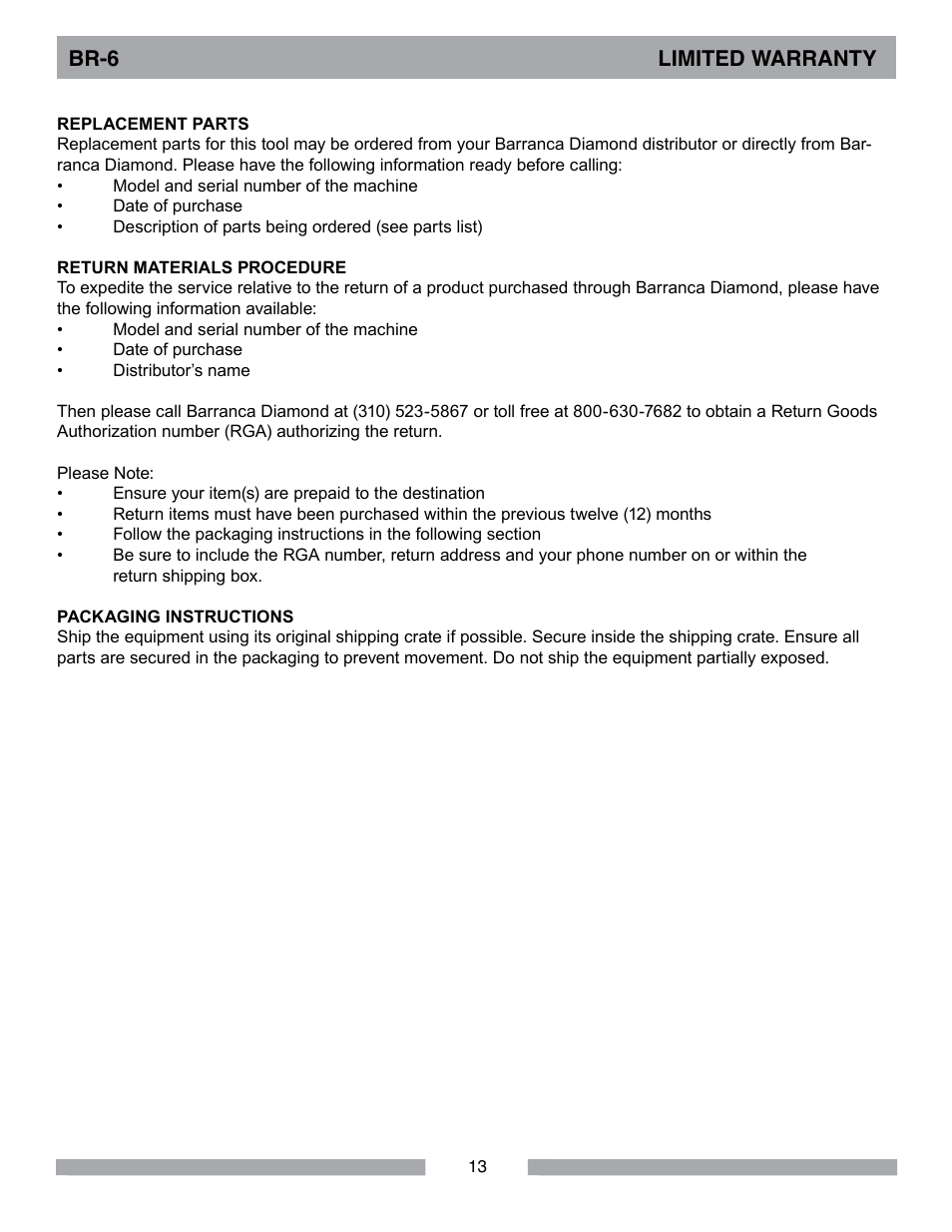 Br-6 limited warranty | Barranca Diamond BR-6 Rotary Rock Tumbler User Manual | Page 13 / 16