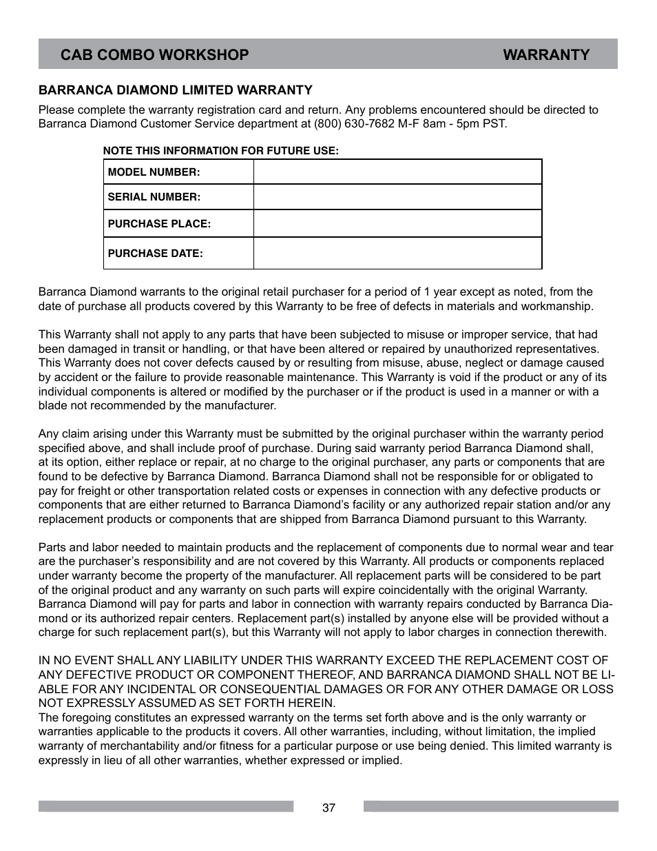 Cab combo workshop warranty | Barranca Diamond CAB COMBO WORKSHOP User Manual | Page 37 / 40