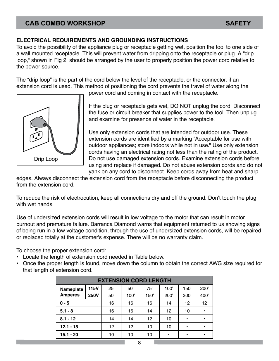 Cab combo workshop safety | Barranca Diamond CAB COMBO WORKSHOP User Manual | Page 8 / 40