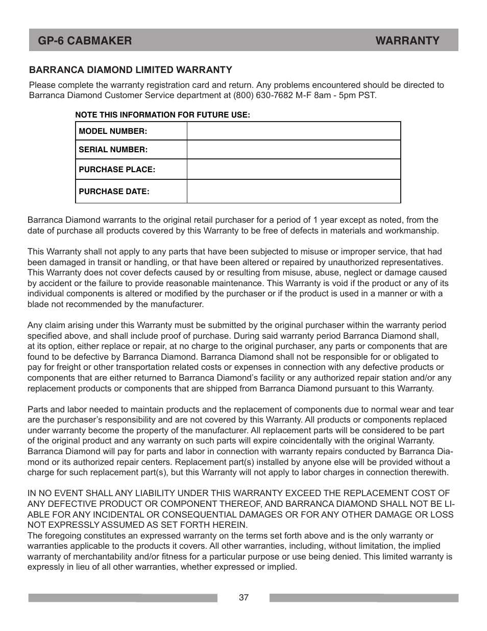 Gp-6 cabmaker warranty | Barranca Diamond GP-6 Cabmaker User Manual | Page 37 / 40