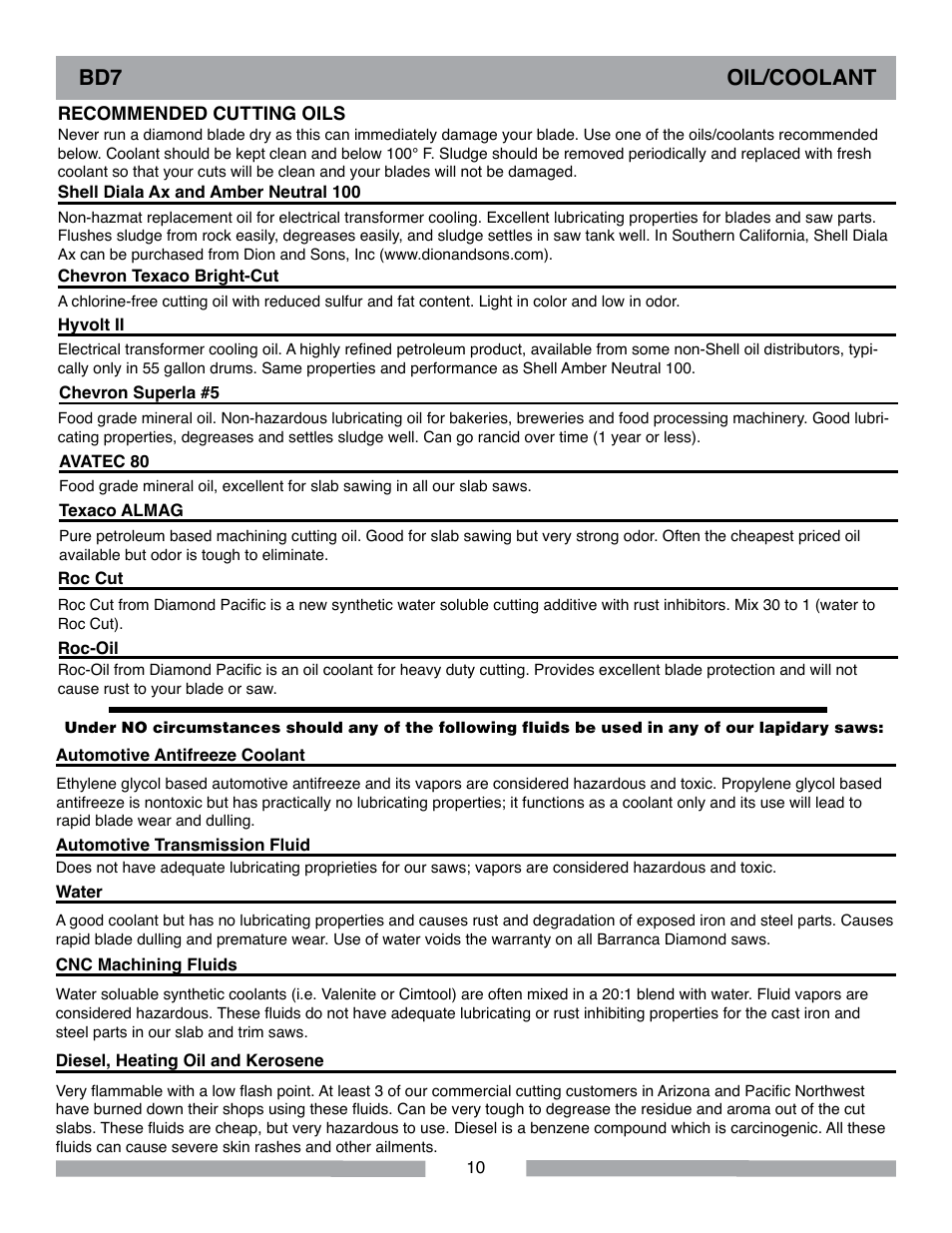 Bd7 oil/coolant | Barranca Diamond BD7 Trim Saw User Manual | Page 10 / 28