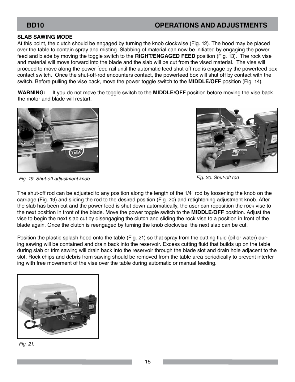 Bd10 operations and adjustments | Barranca Diamond BD10 Power Feed Trim Saw User Manual | Page 15 / 36