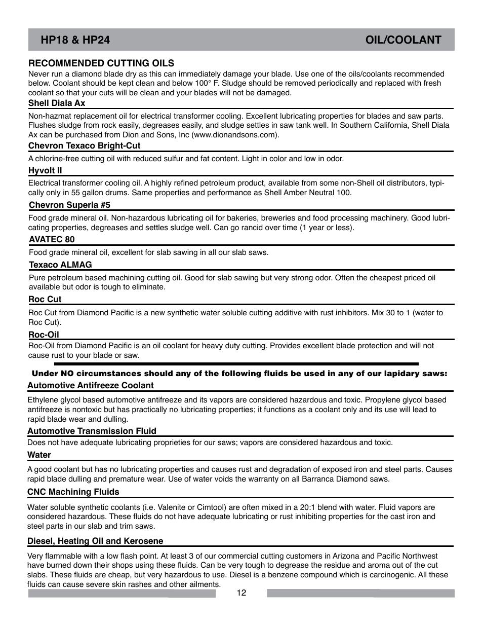 Hp18 & hp24 oil/coolant | Barranca Diamond HP18 Slab Saw User Manual | Page 12 / 40