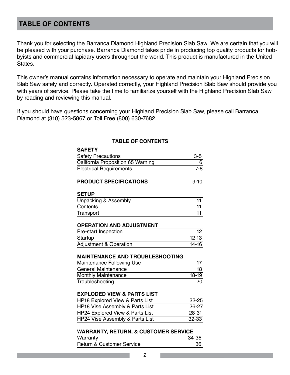 Barranca Diamond HP18 Slab Saw User Manual | Page 2 / 40