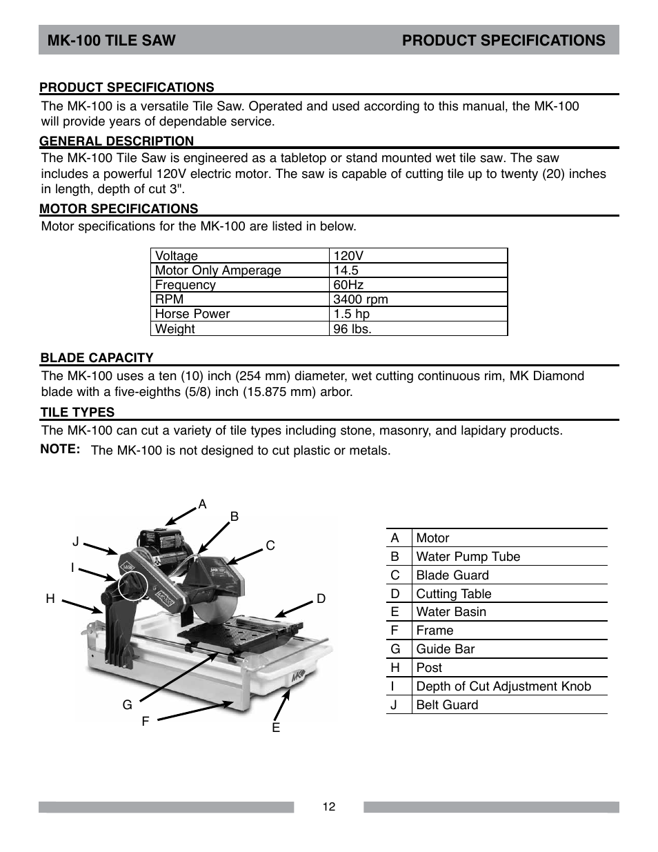 Barranca Diamond MK-100 TILE SAW User Manual | Page 12 / 44