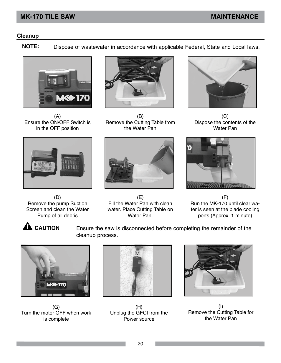 Mk-170 tile saw maintenance | MK Diamond MK-170 User Manual | Page 20 / 36