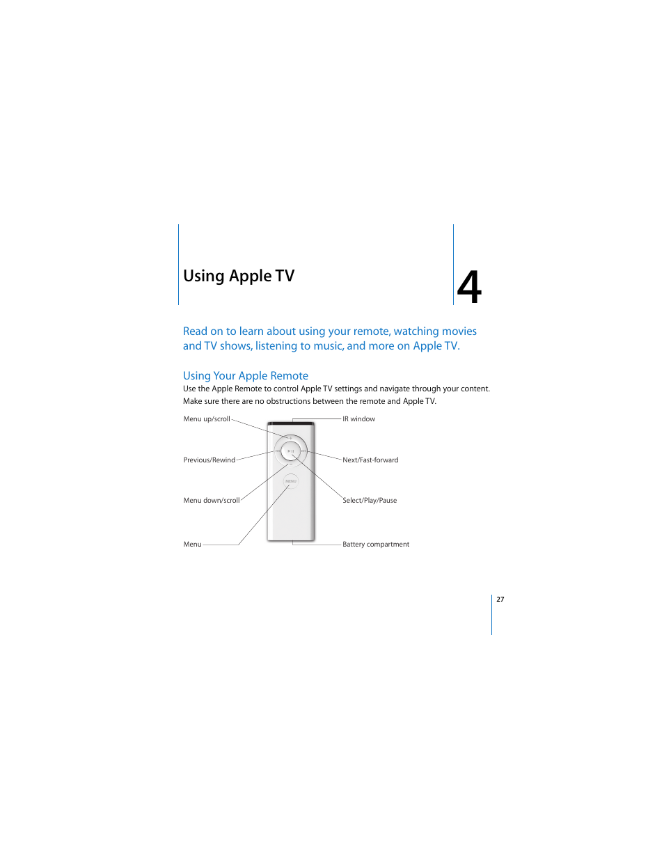 Using apple tv, Using your apple remote | Apple TV User Manual | Page 27 / 48