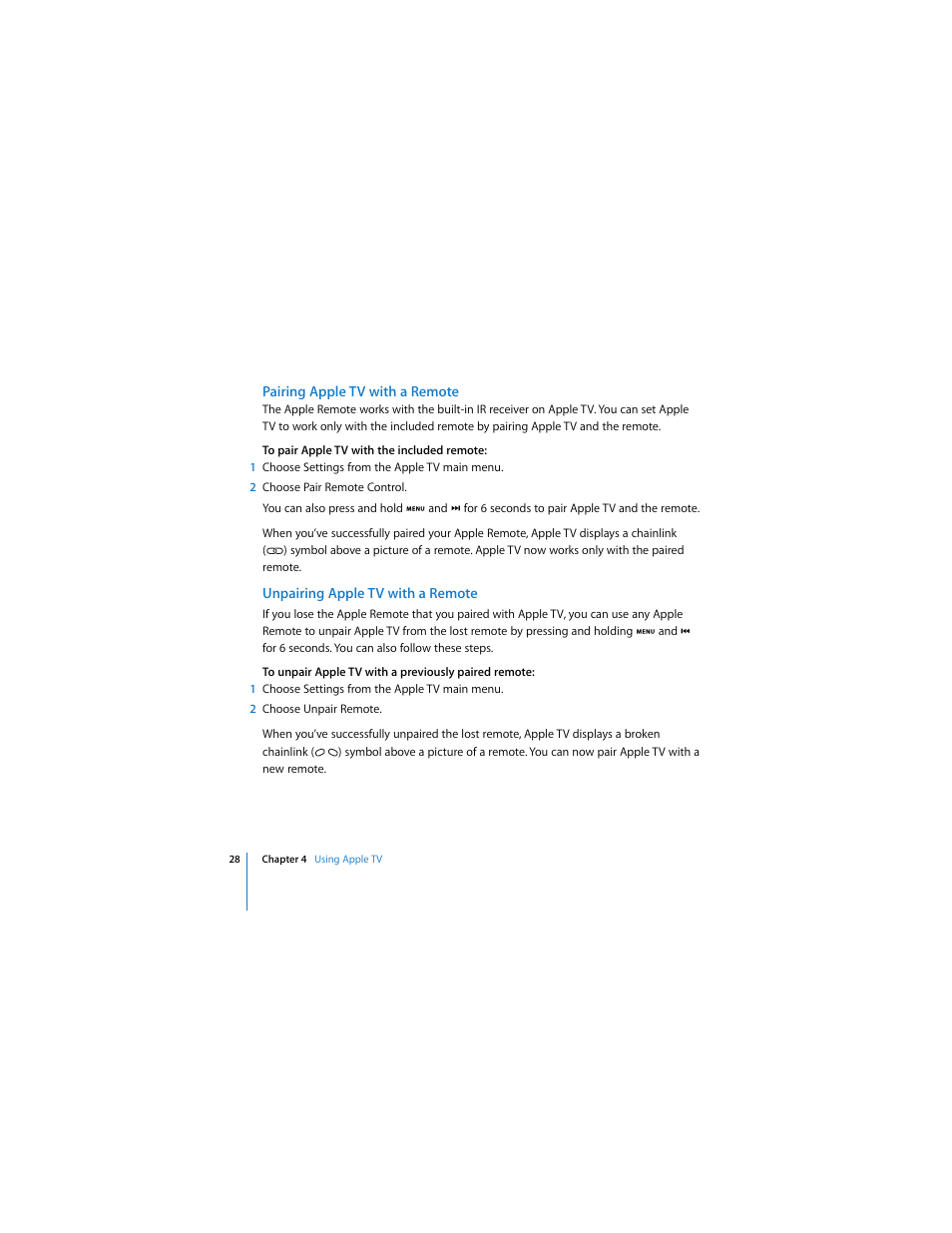 Pairing apple tv with a remote, Unpairing apple tv with a remote | Apple TV User Manual | Page 28 / 48