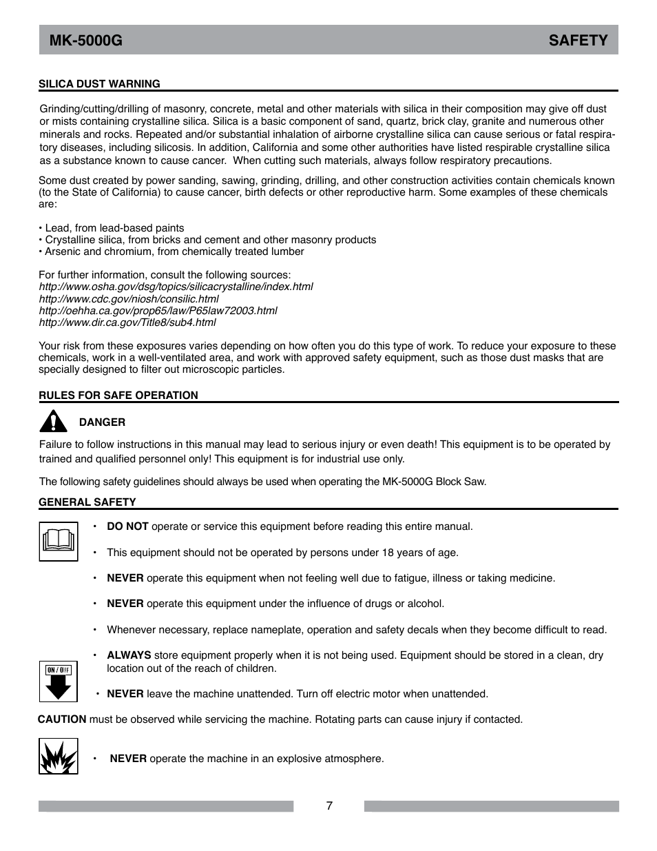Mk-5000g safety | Barranca Diamond MK-5009G/5013G User Manual | Page 7 / 56