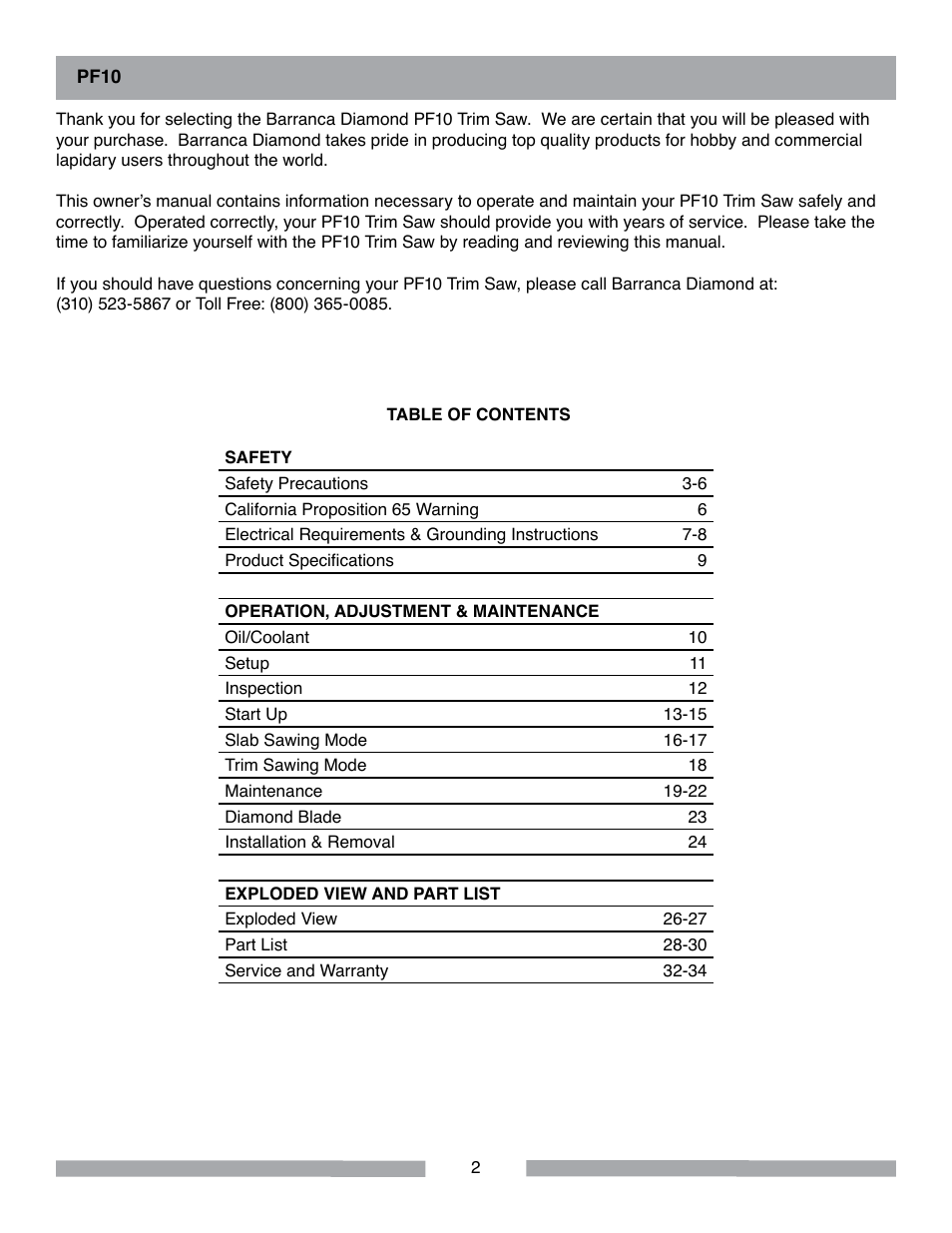 Barranca Diamond PF10 Power Feed Trim Saw User Manual | Page 2 / 36