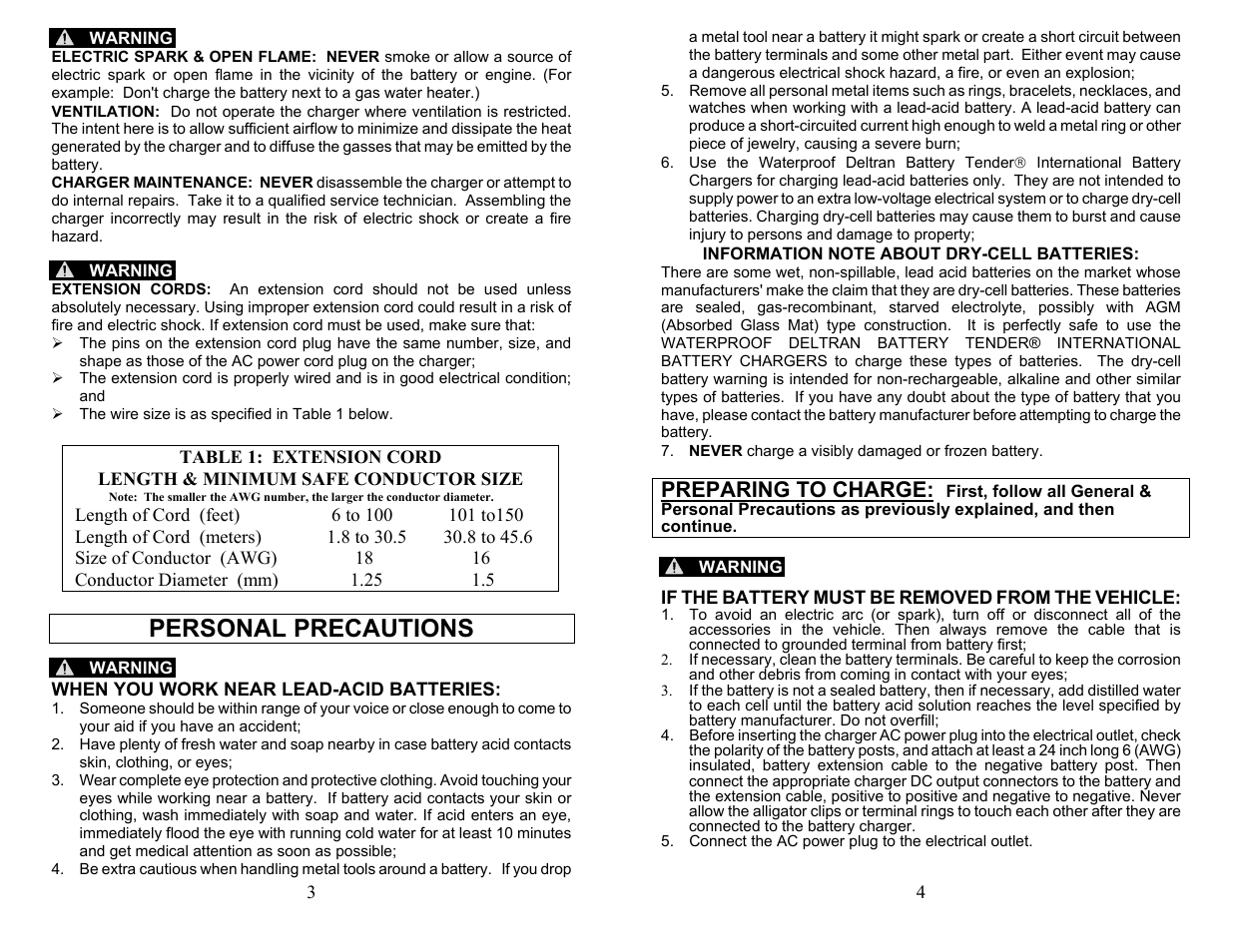 Personal precautions, Preparing to charge | Battery Tender Waterproof 800 International - 12V @ 800 mA (PN 022-0150-DL-WH) User Instructions User Manual | Page 2 / 4
