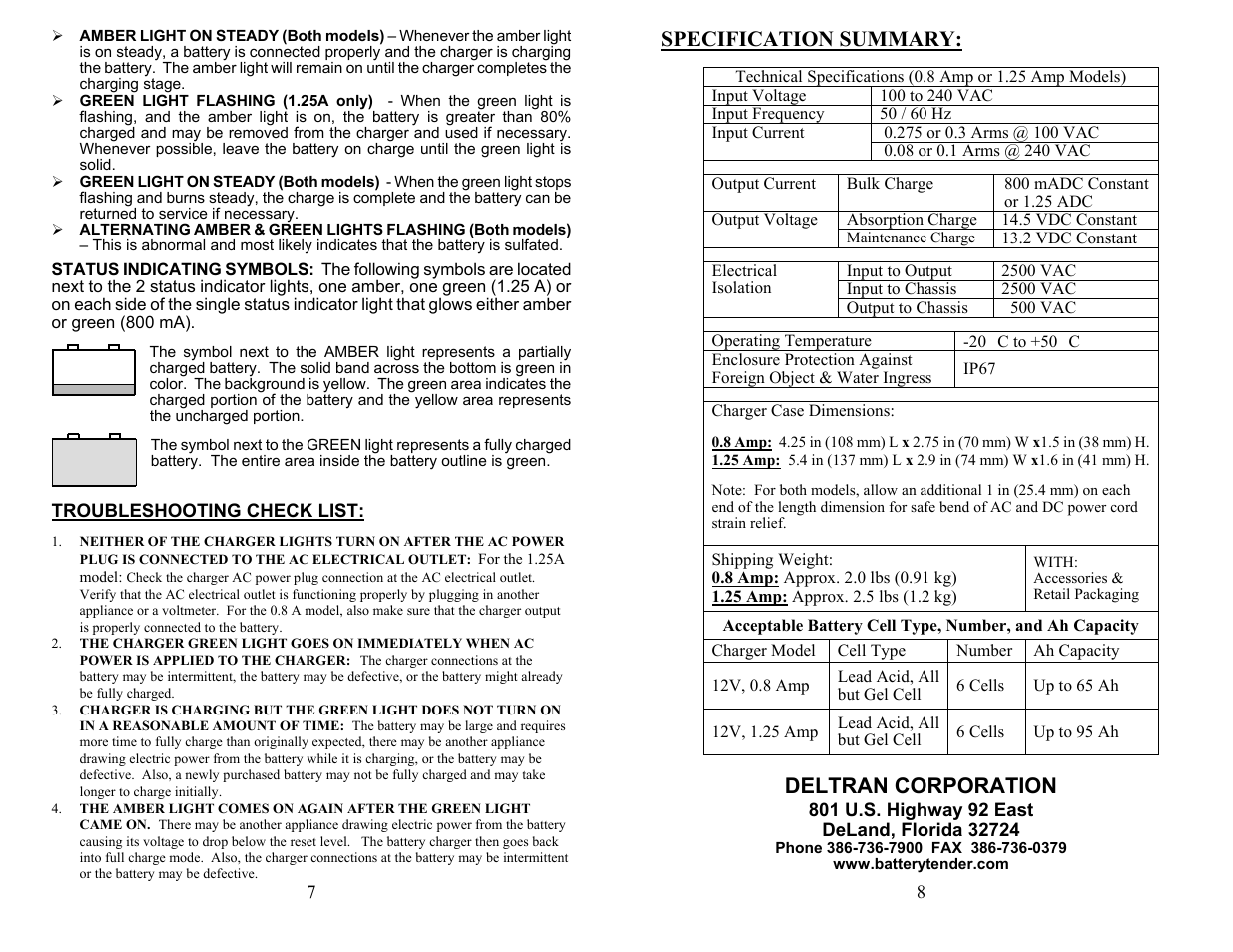 Specification summary, Deltran corporation | Battery Tender Waterproof 800 International - 12V @ 800 mA (PN 022-0150-DL-WH) User Instructions User Manual | Page 4 / 4