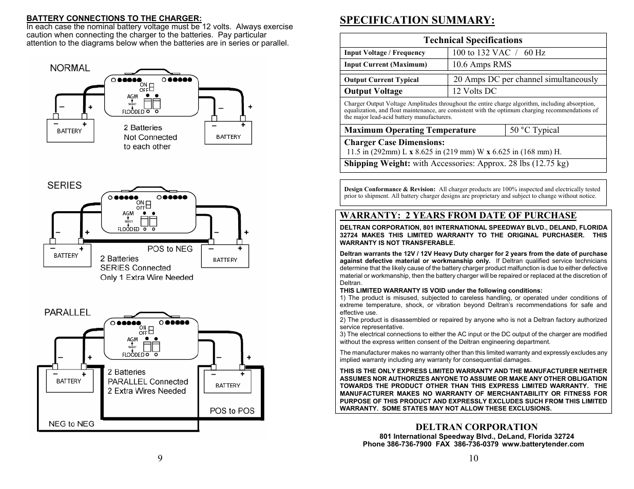 Specification summary | Battery Tender Heavy Duty DVD-40 Modified 12V-12V Dual 12V @ 20A (PN 021-1158-12) User Manual | Page 5 / 5