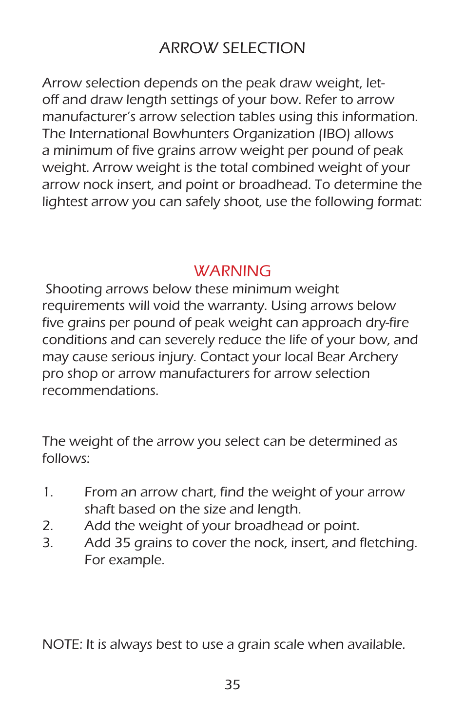 Arrow selection, Warning | Bear Archery Compound Bow 2014 User Manual | Page 38 / 40