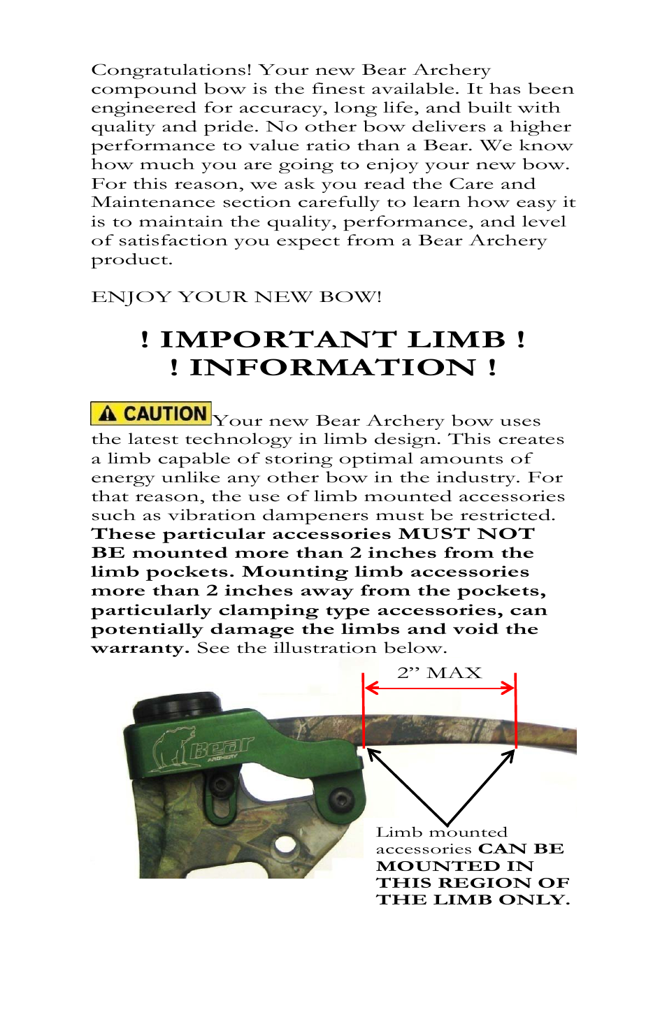 Important limb ! ! information | Bear Archery Compound Bow 2013 User Manual | Page 3 / 39