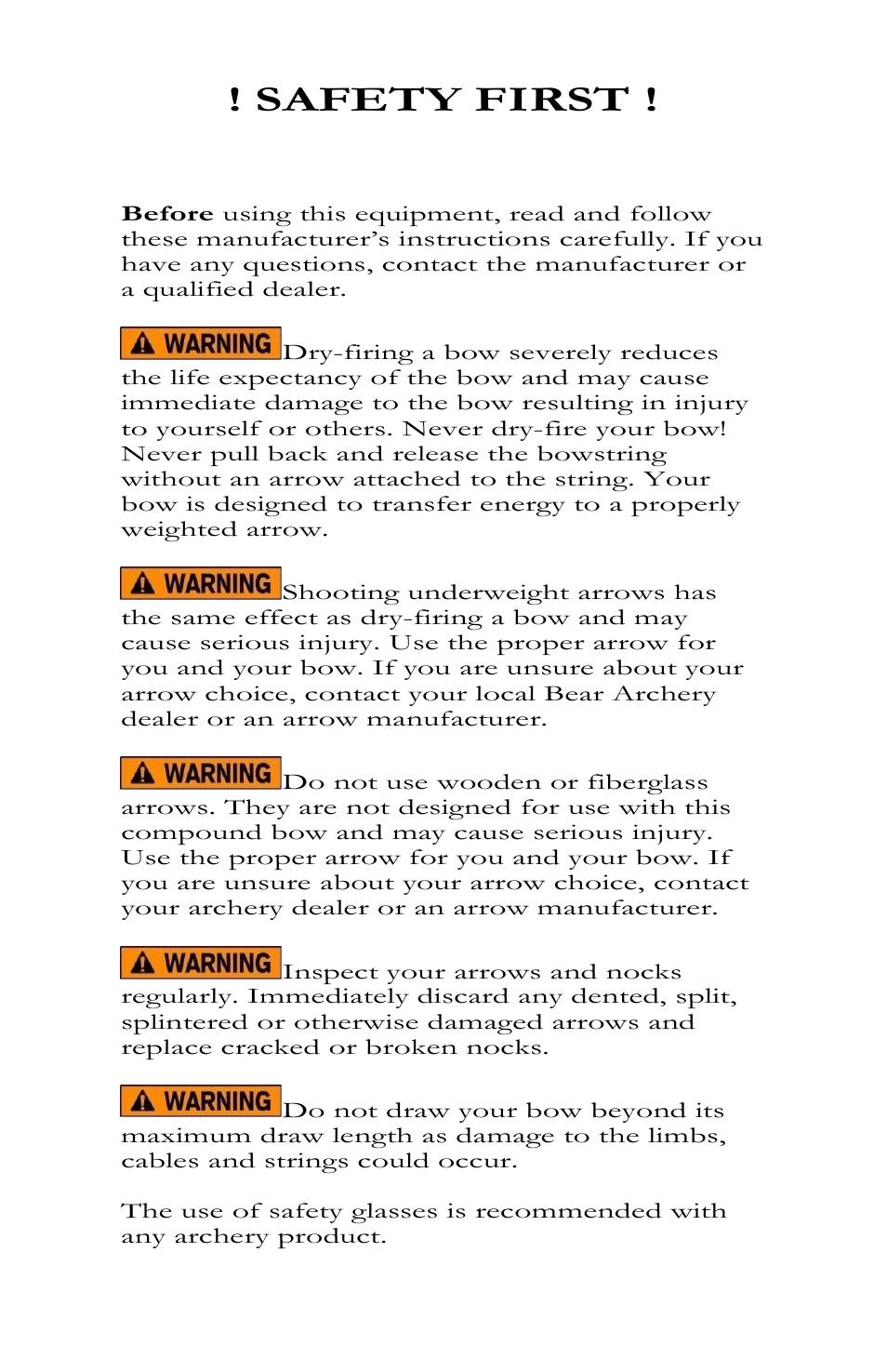 Safety first | Bear Archery Compound Bow 2013 User Manual | Page 6 / 39