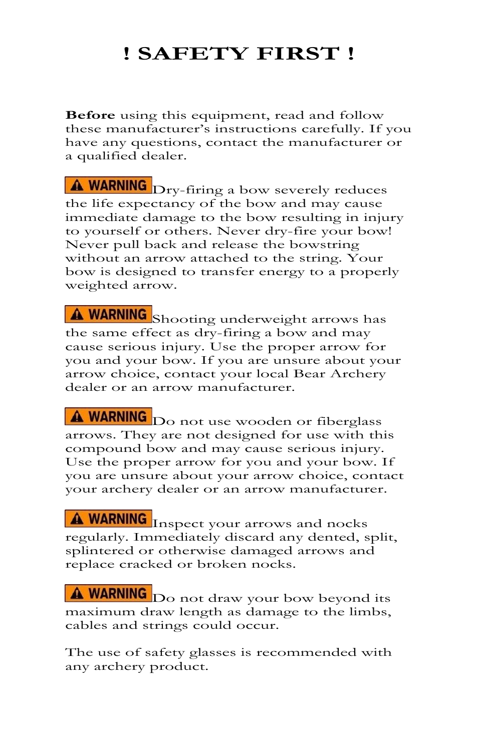 Safety first | Bear Archery Compound Bow 2012 User Manual | Page 6 / 36