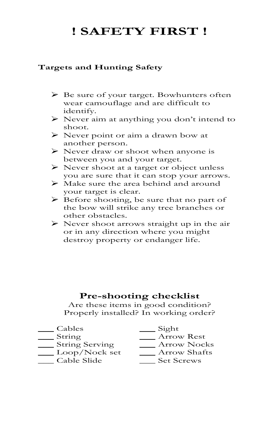 Targets and hunting safety, Pre-shooting checklist, Safety first | Bear Archery Compound Bow 2012 User Manual | Page 7 / 36