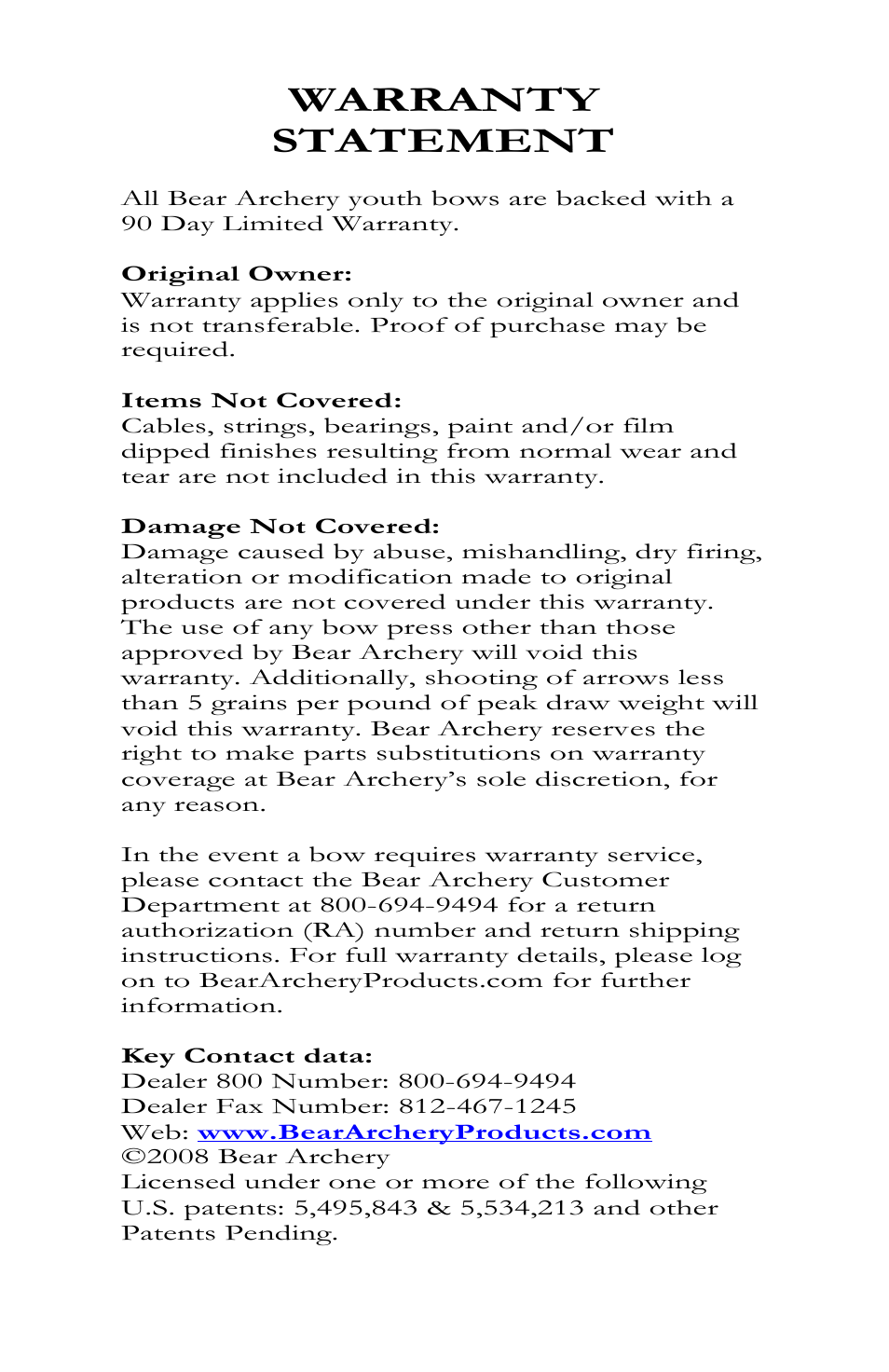 Warranty statement | Bear Archery Goblin 2012 User Manual | Page 13 / 13