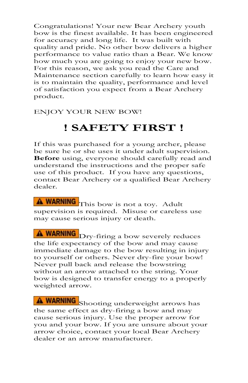 Safety first | Bear Archery Goblin 2012 User Manual | Page 3 / 13