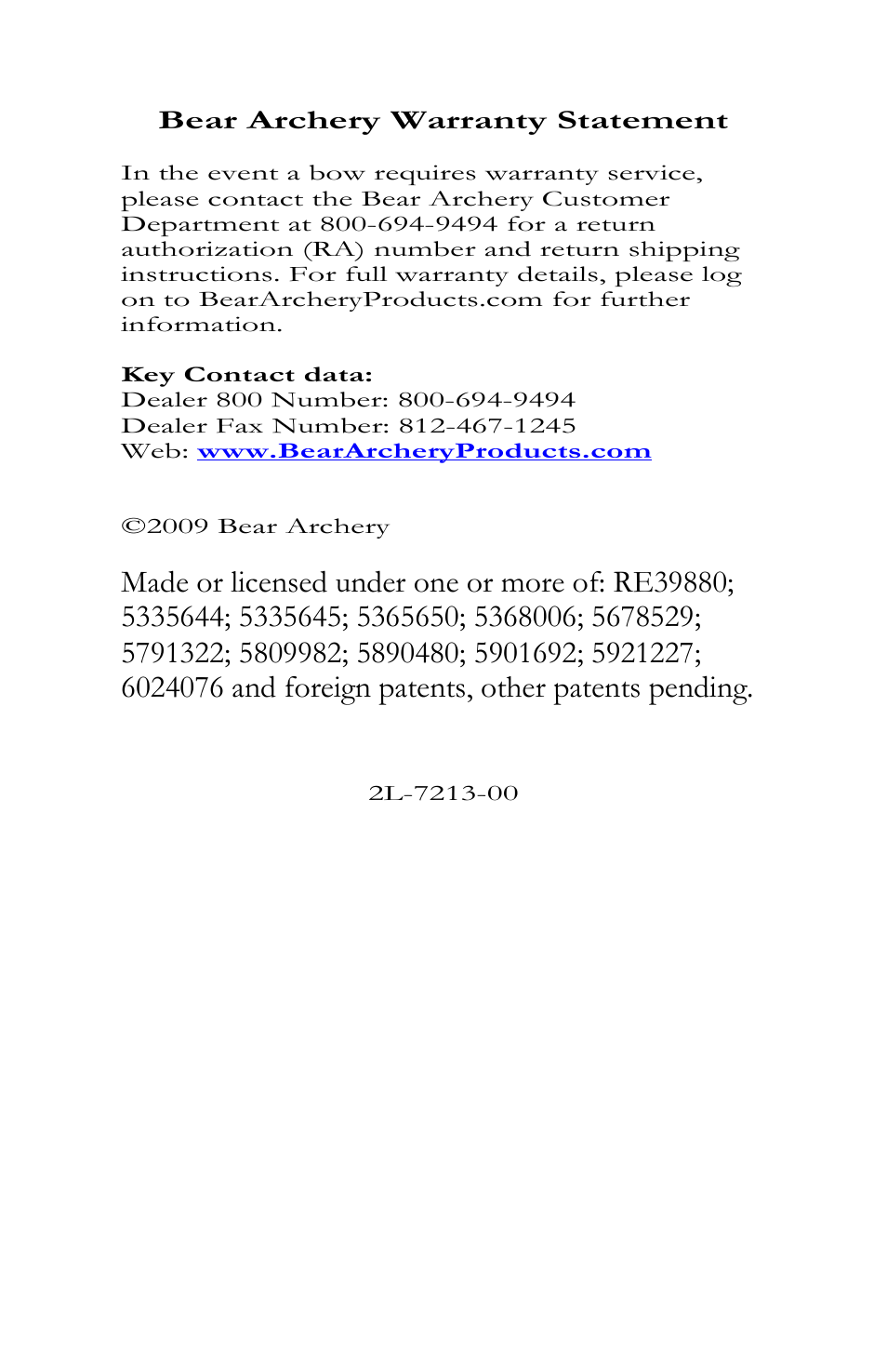 Bear Archery Compound Bow 2011 User Manual | Page 28 / 28