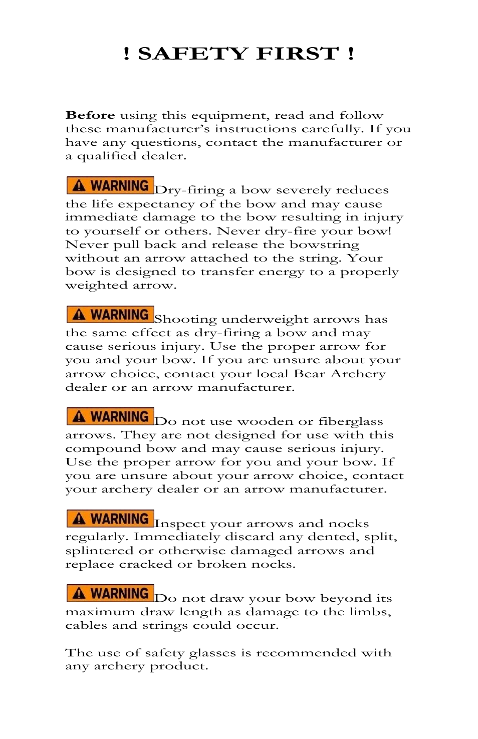 Safety first | Bear Archery Compound Bow 2011 User Manual | Page 6 / 28
