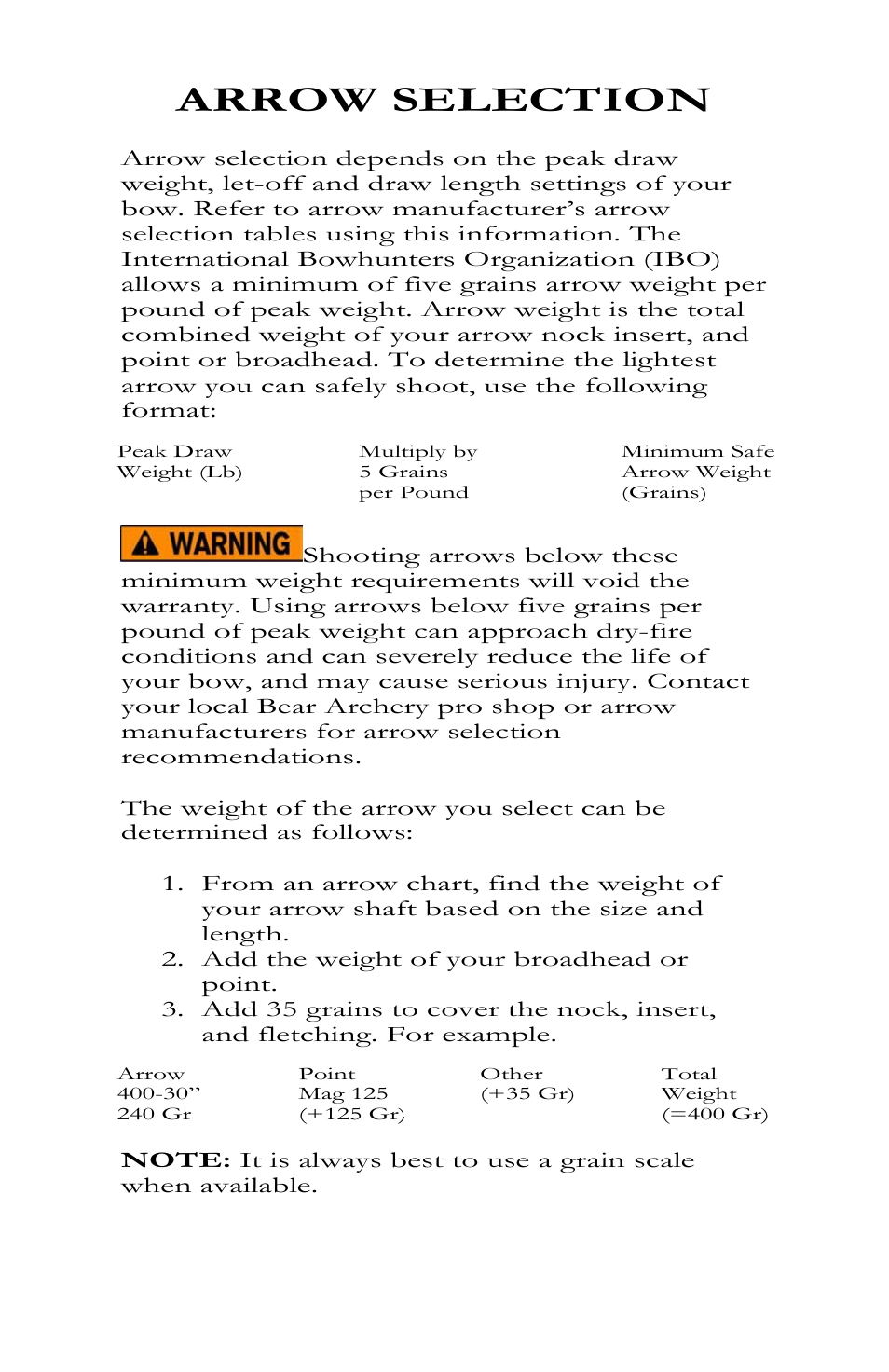 Arrow selection | Bear Archery Compound Bow 2010 User Manual | Page 24 / 26