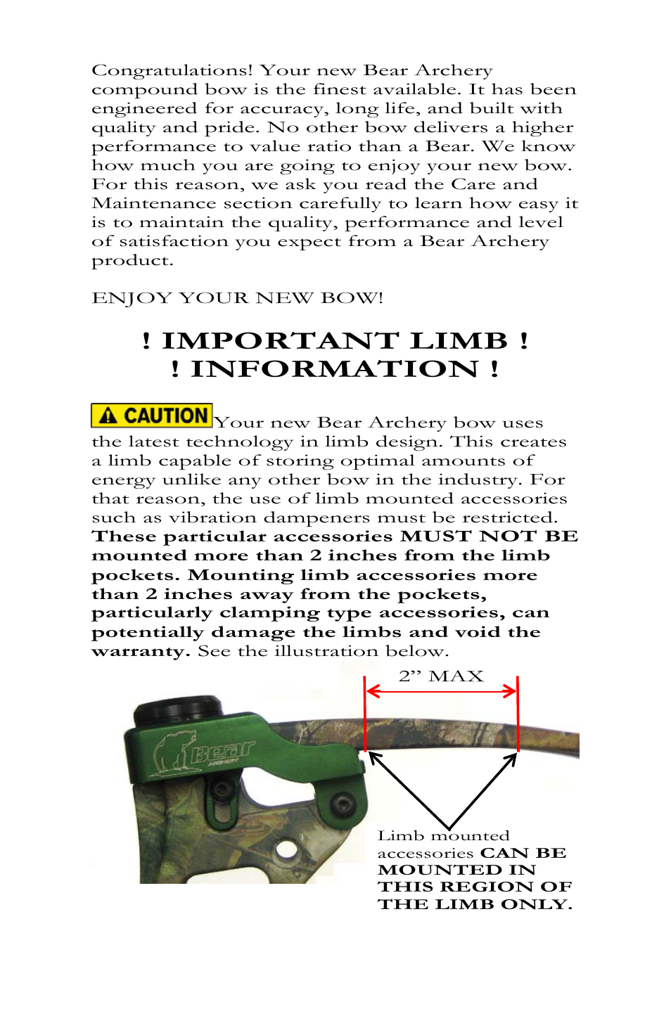 Important limb ! ! information | Bear Archery Compound Bow 2010 User Manual | Page 3 / 26