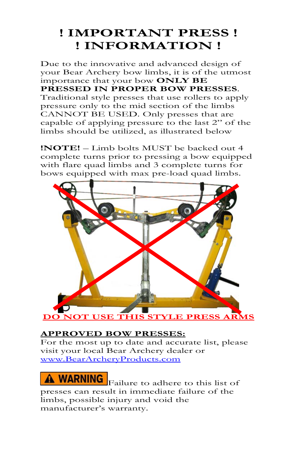 Important press ! ! information | Bear Archery Compound Bow 2010 User Manual | Page 4 / 26