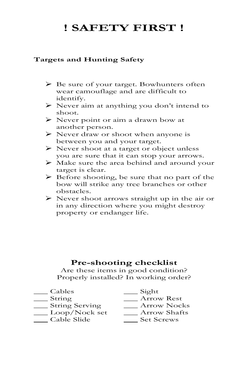 Targets and hunting safety, Pre-shooting checklist, Safety first | Bear Archery Compound Bow 2010 User Manual | Page 7 / 26