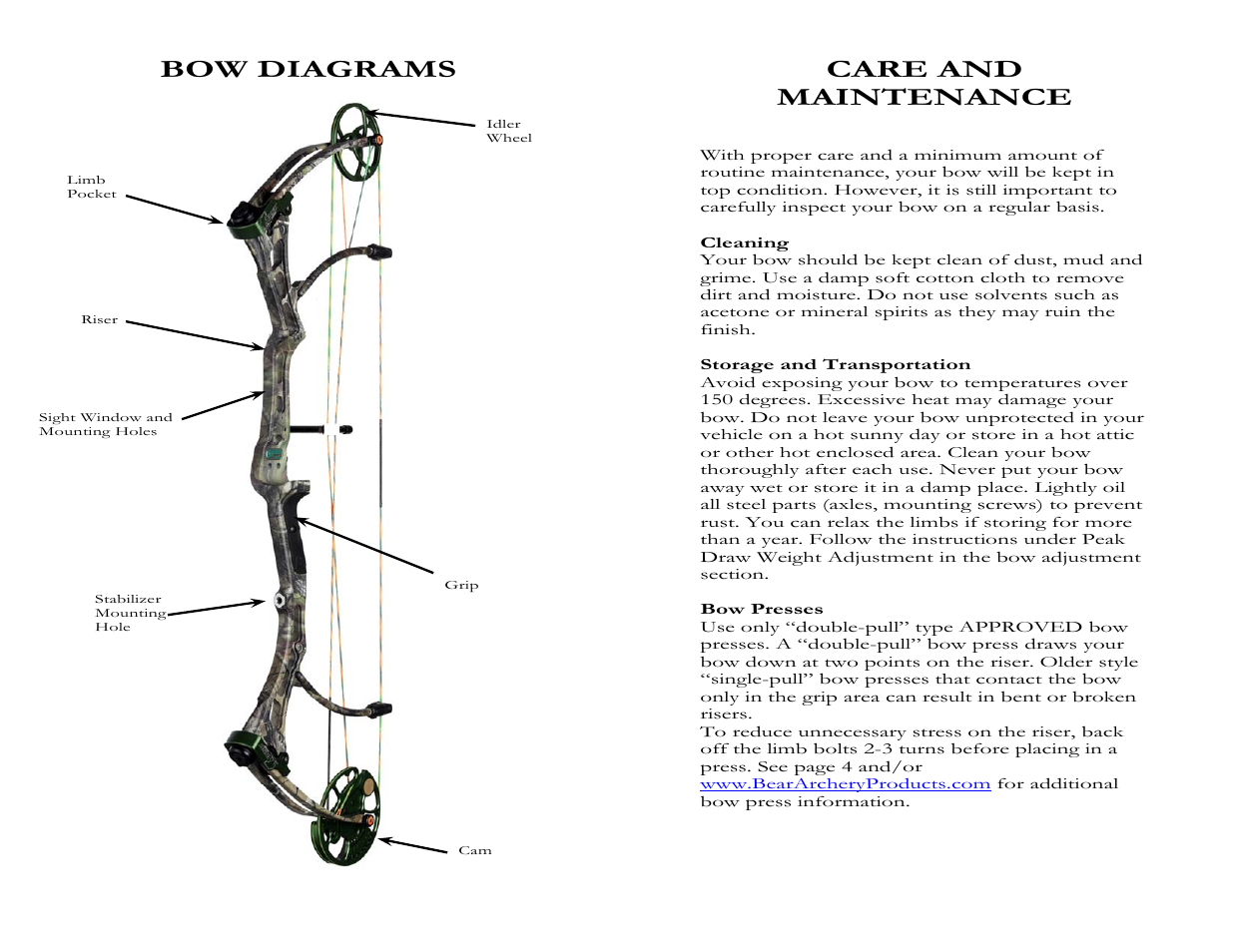 Bow diagrams, Care and maintenance | Bear Archery Compound Bow 2008 User Manual | Page 5 / 13