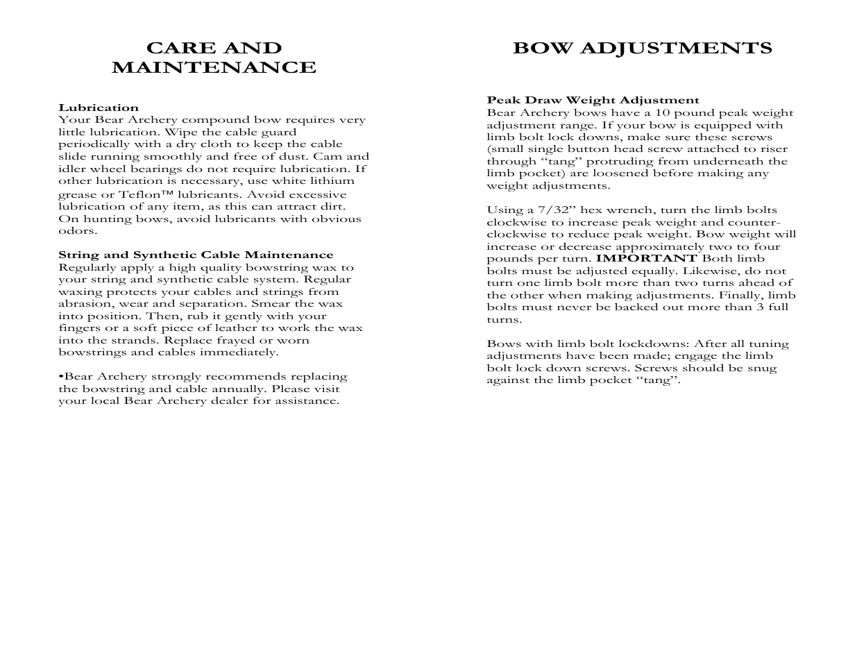 Care and maintenance, Bow adjustments | Bear Archery Compound Bow 2008 User Manual | Page 6 / 13