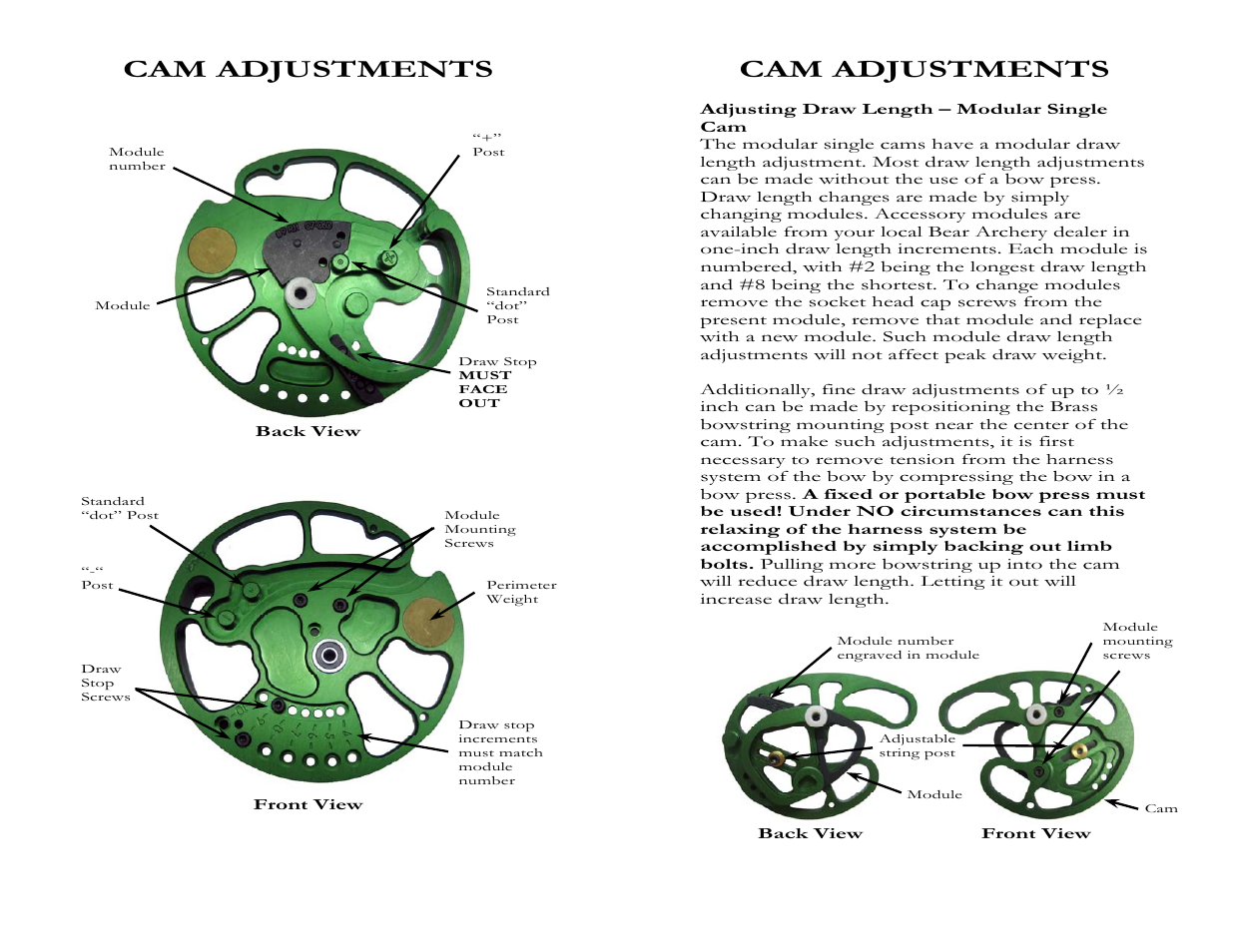 Cam adjustments | Bear Archery Compound Bow 2008 User Manual | Page 8 / 13