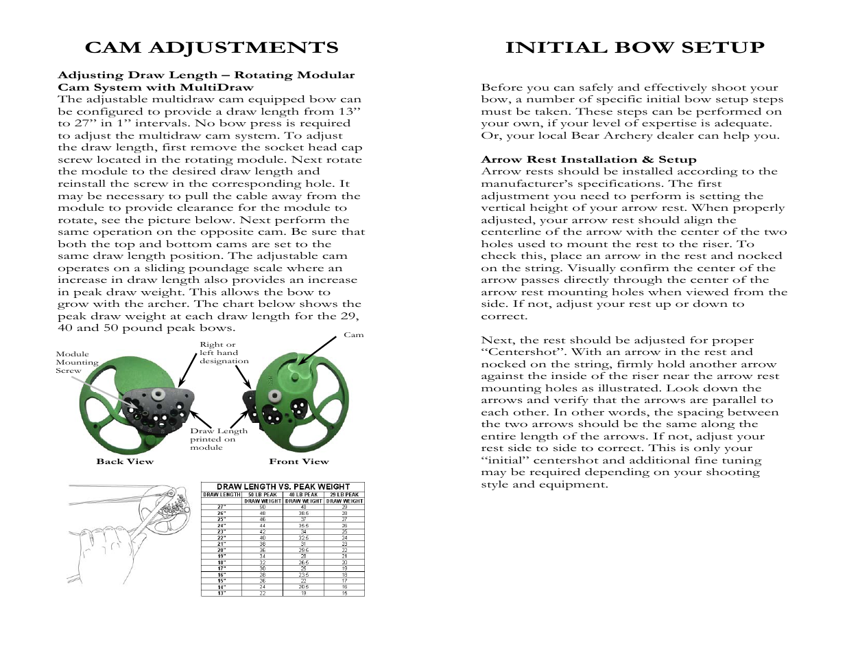 Cam adjustments, Initial bow setup | Bear Archery Compound Bow 2008 User Manual | Page 9 / 13
