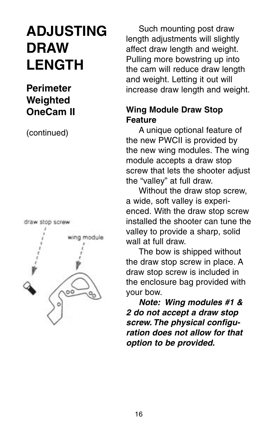 Adjusting draw length, Perimeter weighted onecam ii | Bear Archery Compound Bow 2004 User Manual | Page 16 / 40