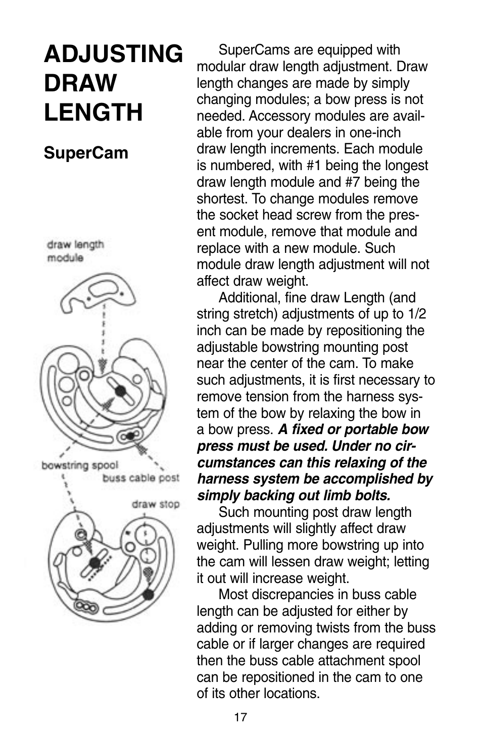 Adjusting draw length, Supercam | Bear Archery Compound Bow 2004 User Manual | Page 17 / 40