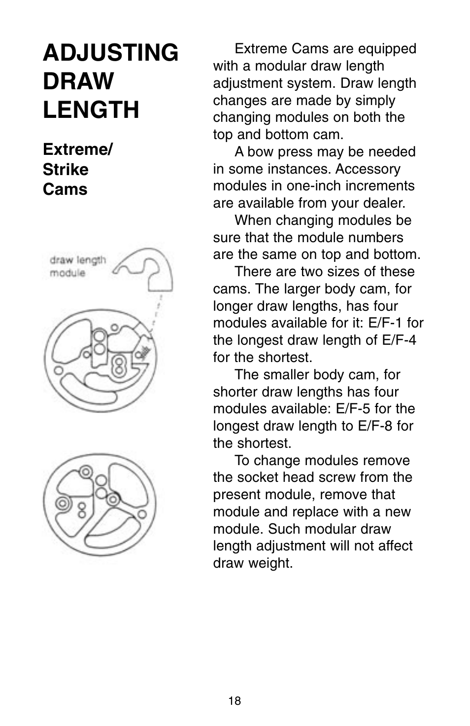 Adjusting draw length, Extreme/ strike cams | Bear Archery Compound Bow 2004 User Manual | Page 18 / 40