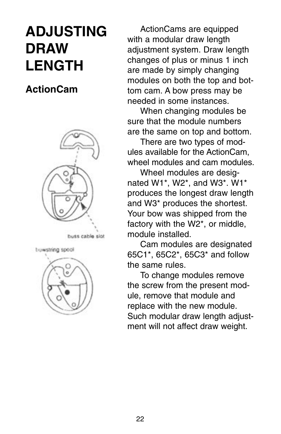 Adjusting draw length, Actioncam | Bear Archery Compound Bow 2004 User Manual | Page 22 / 40