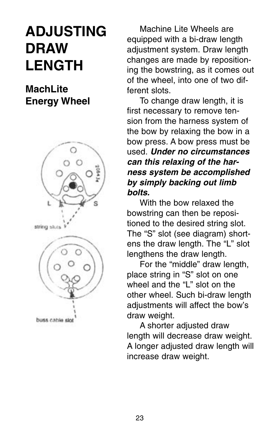 Adjusting draw length, Machlite energy wheel | Bear Archery Compound Bow 2004 User Manual | Page 23 / 40