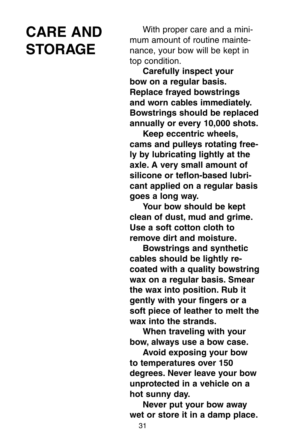 Care and storage | Bear Archery Compound Bow 2004 User Manual | Page 31 / 40