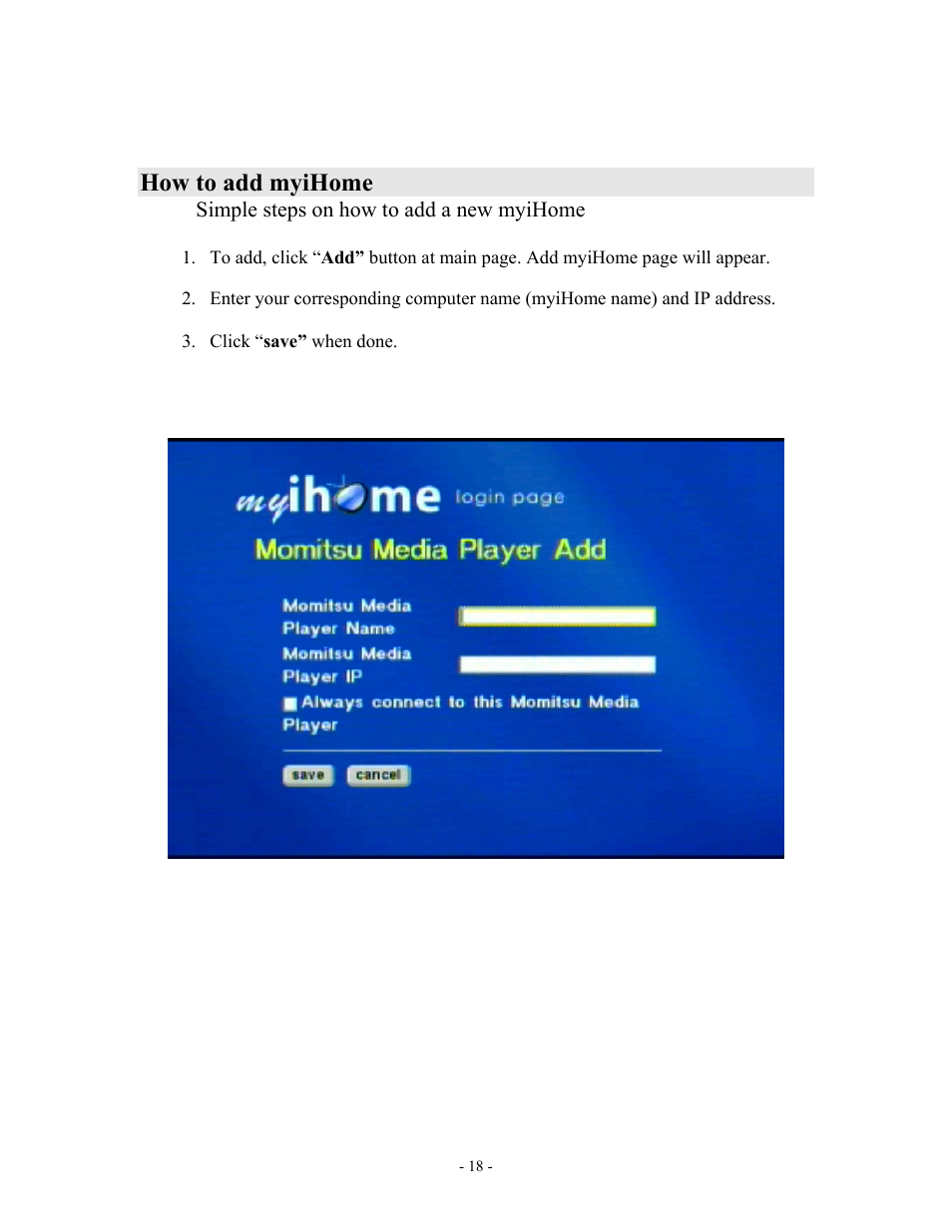 How to add myihome | MOMITSU V888N User Manual | Page 19 / 65
