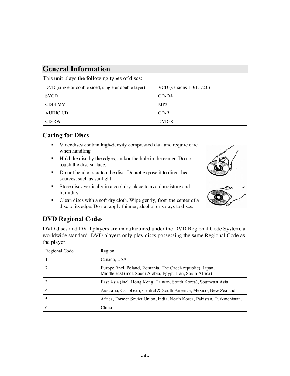 General information, Caring for discs, Dvd regional codes | MOMITSU V888N User Manual | Page 5 / 65