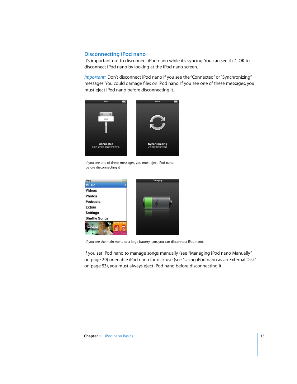 Disconnecting ipodnano, Disconnecting ipod nano | Apple iPod nano User Manual | Page 15 / 80