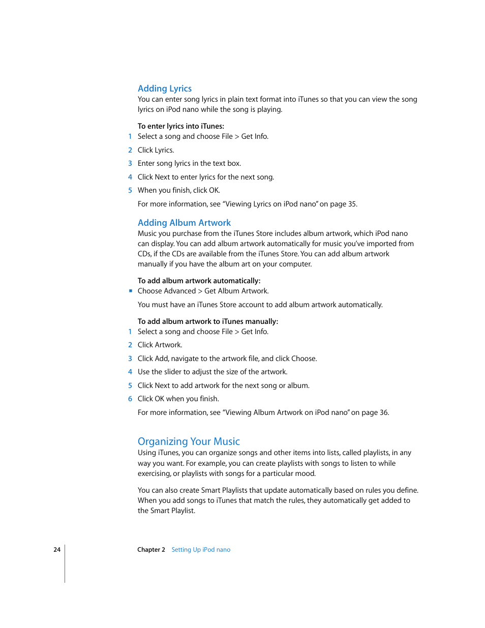 Adding lyrics, Adding album artwork, Organizing your music | Apple iPod nano User Manual | Page 24 / 80