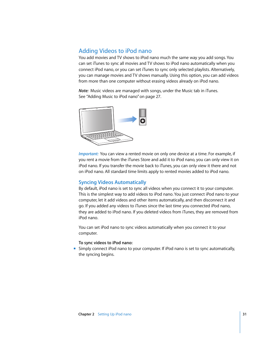 Adding videos to ipodnano, Syncing videos automatically, Adding videos to ipod nano | Apple iPod nano User Manual | Page 31 / 80