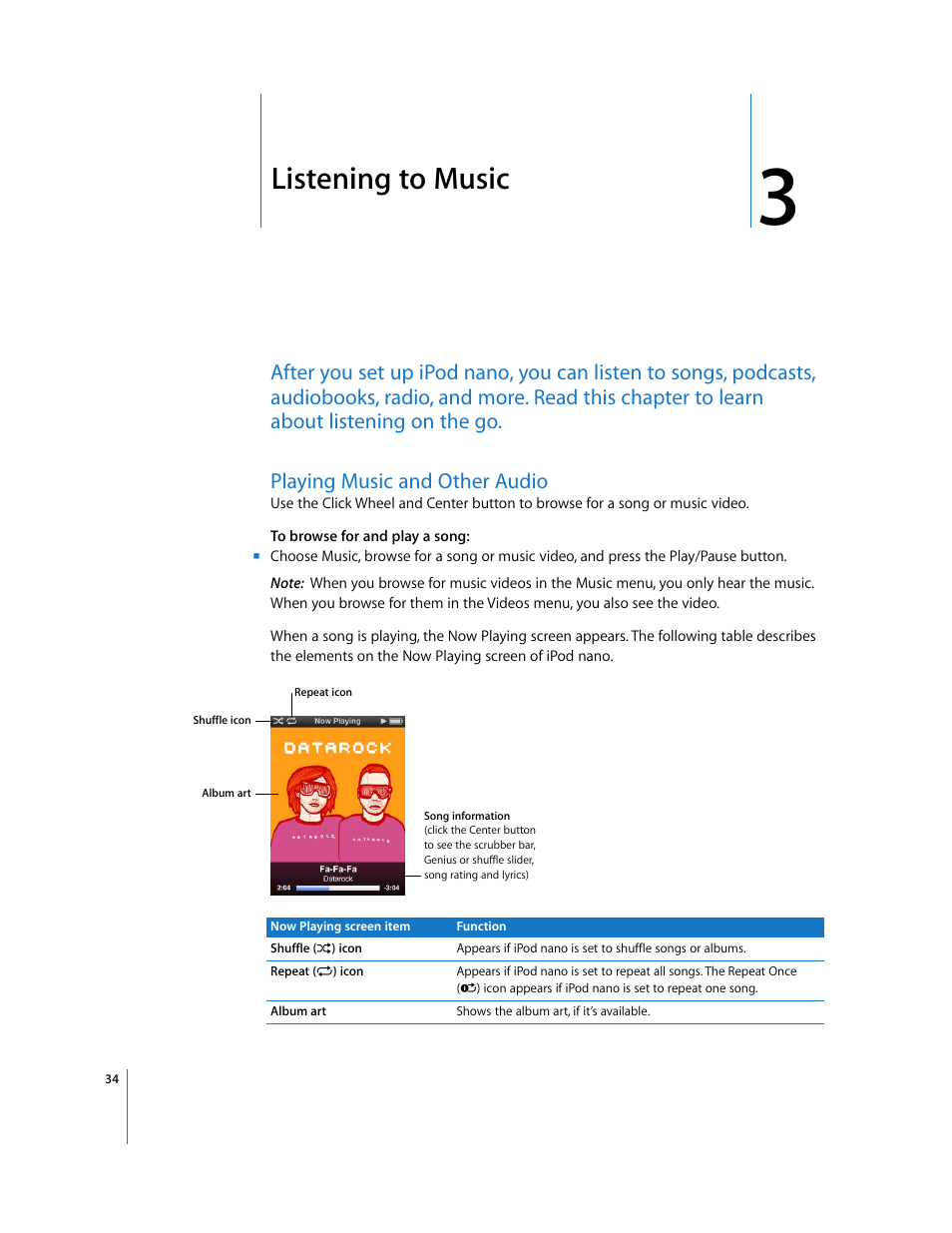 Listening to music, Playing music and other audio, Chapter 3 | Apple iPod nano User Manual | Page 34 / 80