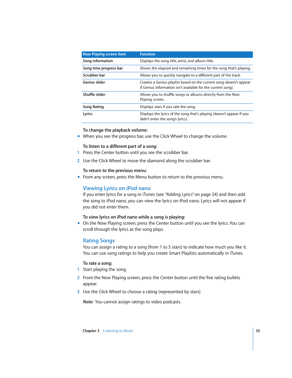 Viewing lyrics on ipodnano, Rating songs, Viewing lyrics on ipod nano | Apple iPod nano User Manual | Page 35 / 80