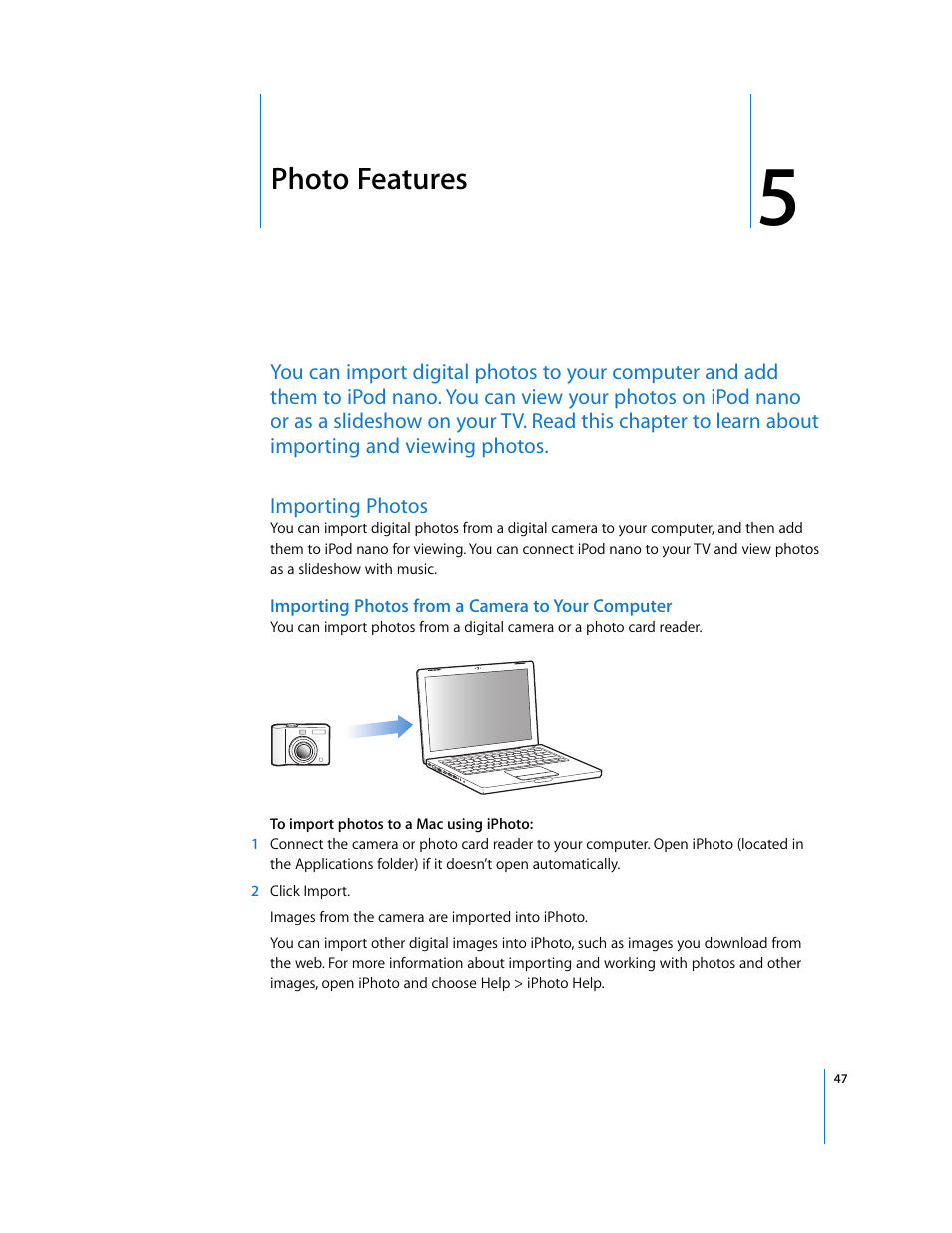 Photo features, Importing photos, Importing photos from a camera to your computer | Chapter 5 | Apple iPod nano User Manual | Page 47 / 80